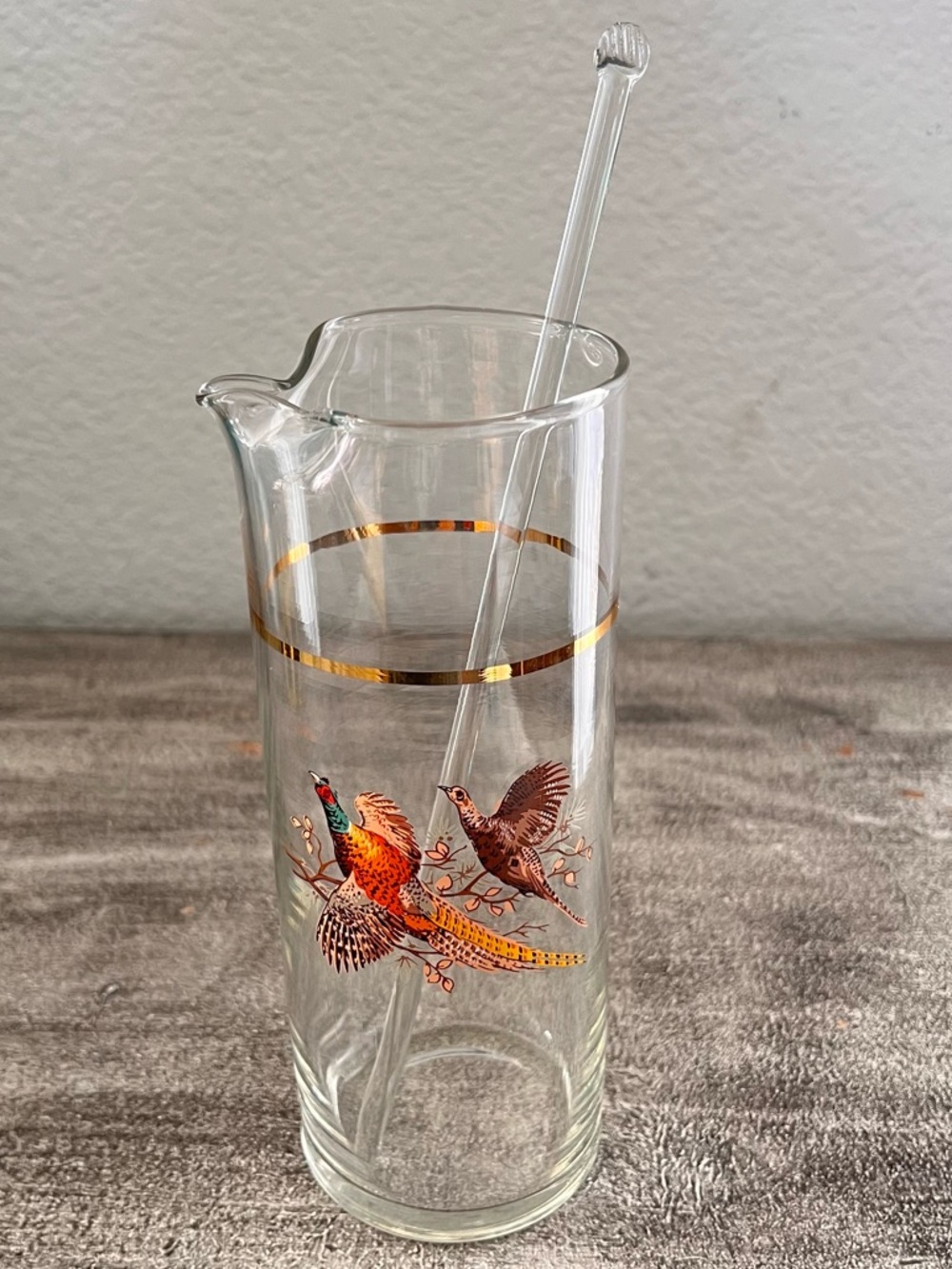 Vintage MCM Pheasant Glass Cocktail
Martini Mixer Pitcher w/Glass Stirrer